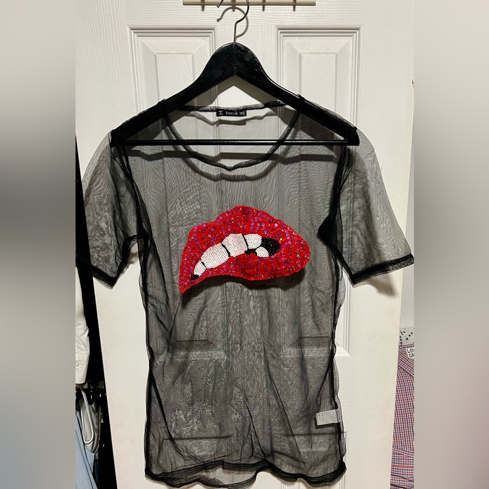 SHEIN Black Mesh Overlay Top